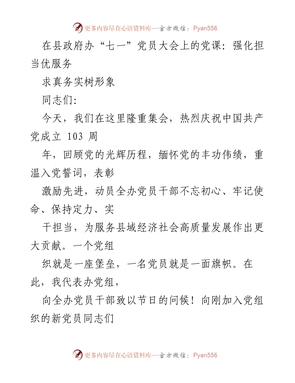 [发言] 党员大会 - 强化担当，优服务：在“七一”党员大会上的党课.docx_第1页