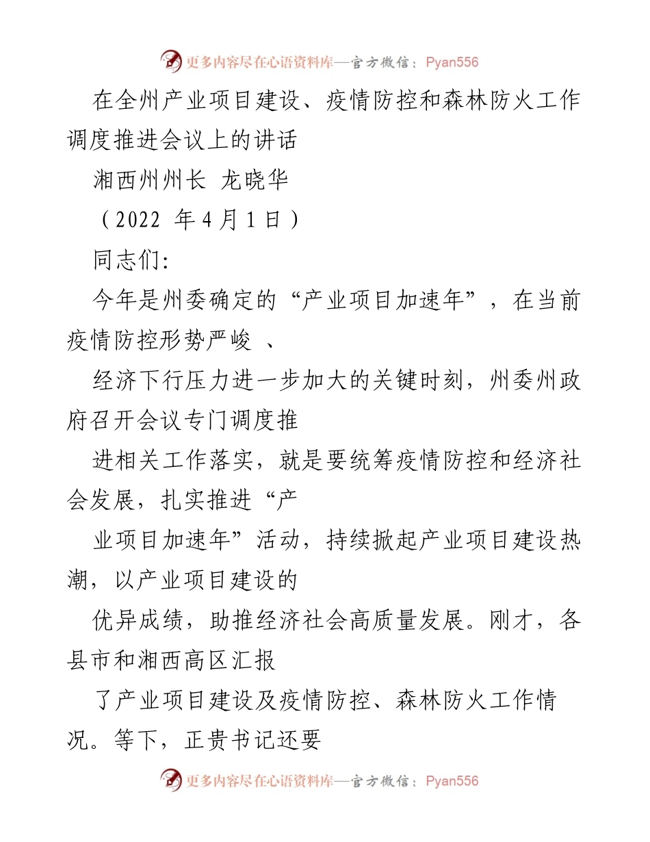 [发言] 会议 - 加速产业项目建设，统筹疫情防控与经济发展_2.docx_第1页