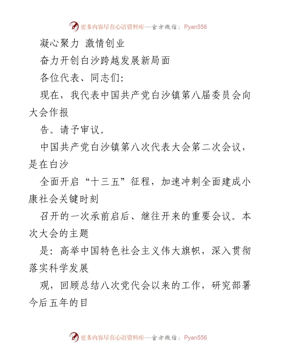 [发言] 党代会 - 凝心聚力，共创白沙跨越发展新局面.docx_第1页