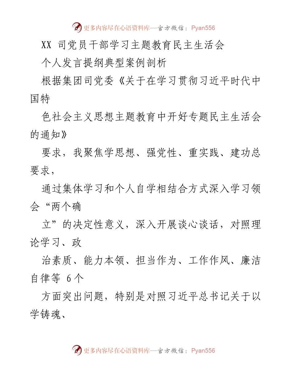 [发言] 党员干部学习主题教育民主生活会 - 深入剖析整改措施，推动理论学习与实践结合.docx_第1页