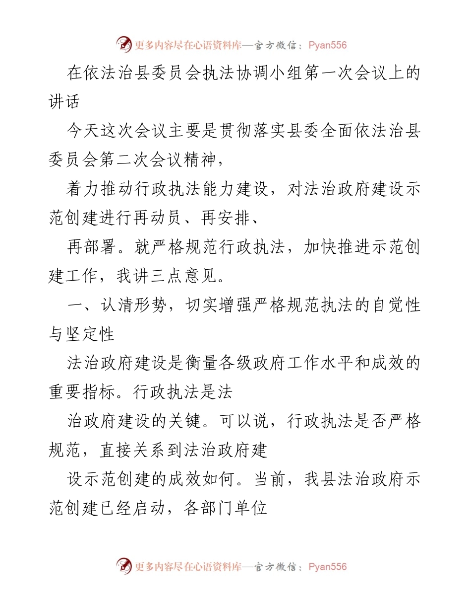 [发言] 依法治县委员会第一次会议 - 加强行政执法能力建设，推动法治政府示范创建.docx_第1页