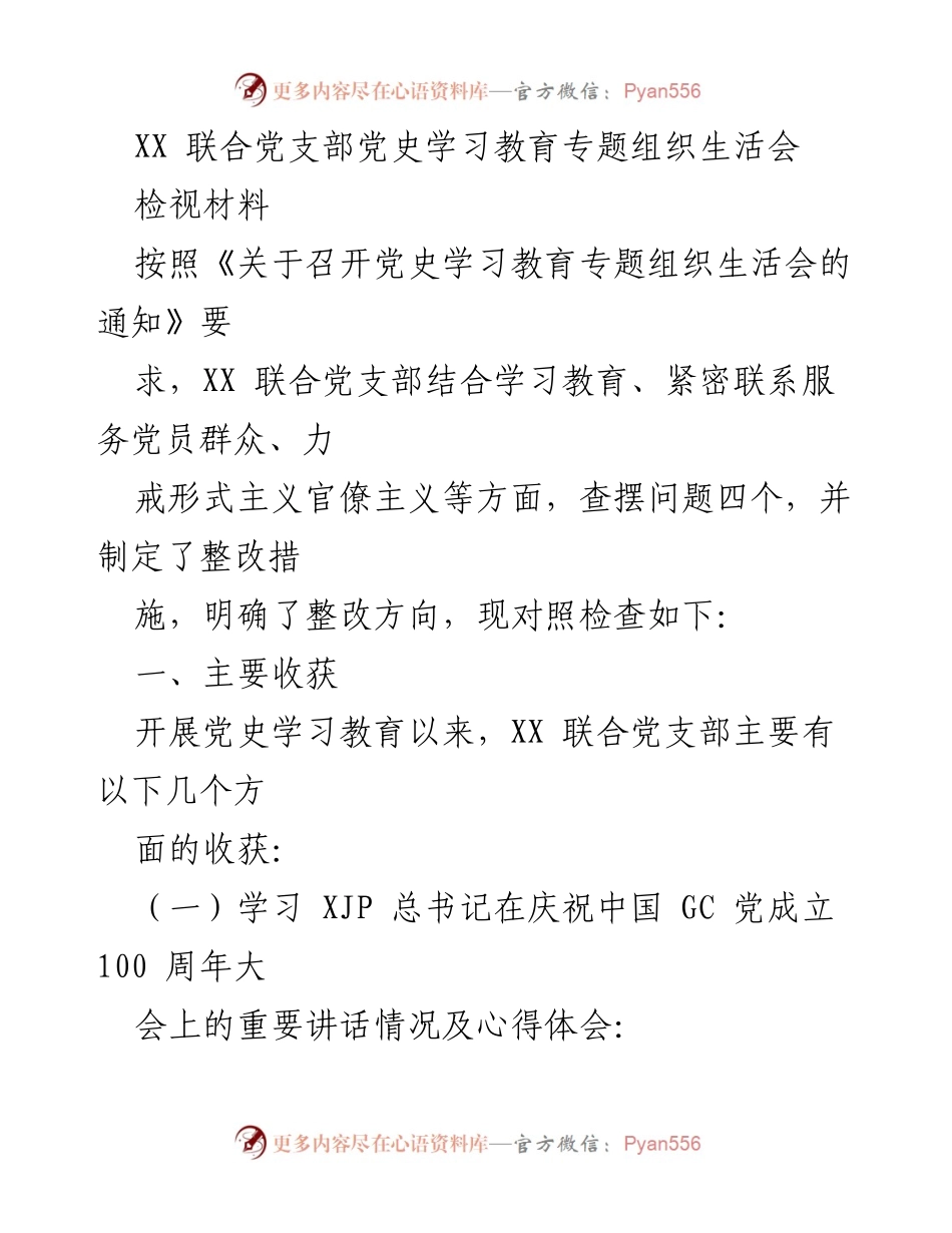 [发言] 党史学习教育专题组织生活会 - XX联合党支部党史学习教育成果与问题检视报告.docx_第1页