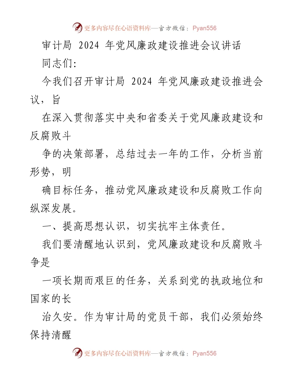 [发言] 会议 - 审计局2024年党风廉政建设推进会议讲话.docx_第1页