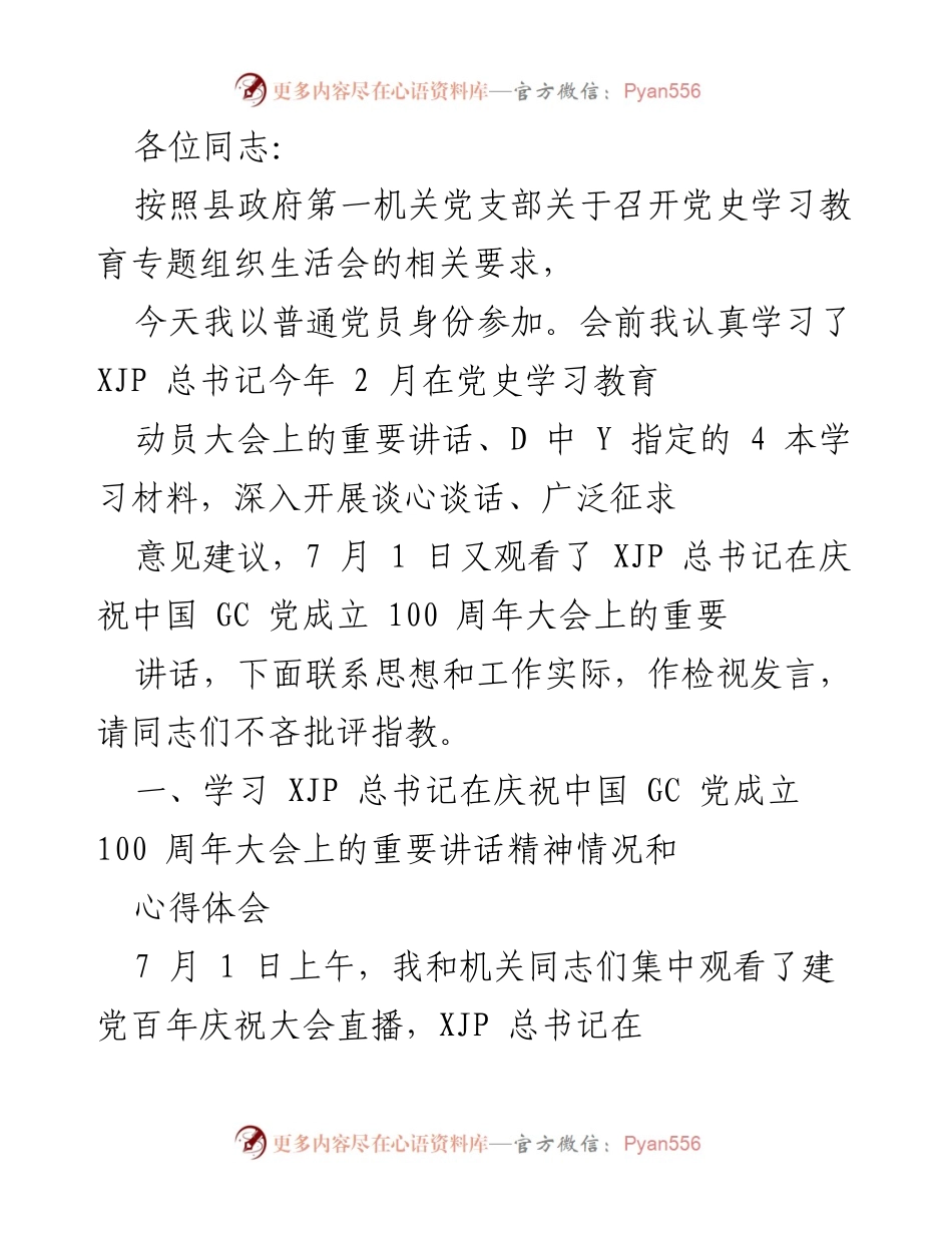 [发言] 党史学习教育专题组织生活会 - 深入学习与自我检视：坚定理想信念与服务社会的责任.docx_第1页