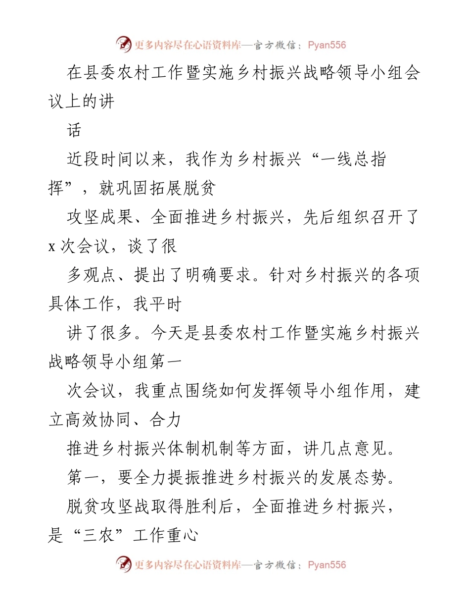 [发言] 会议 - 强化领导小组作用，推动乡村振兴战略落地实施.docx_第1页