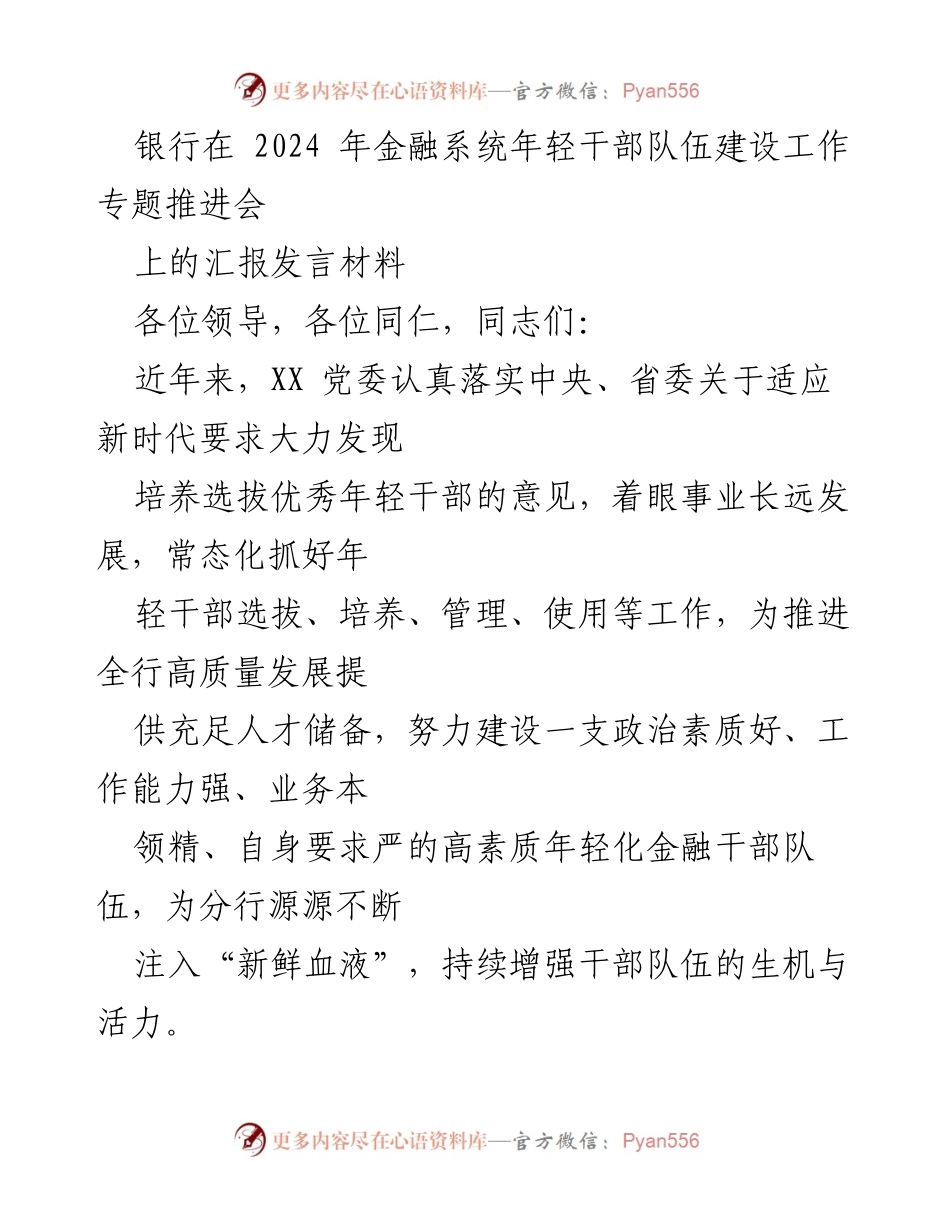 [发言] 会议 - 银行2024年年轻干部队伍建设推进会汇报.docx_第1页