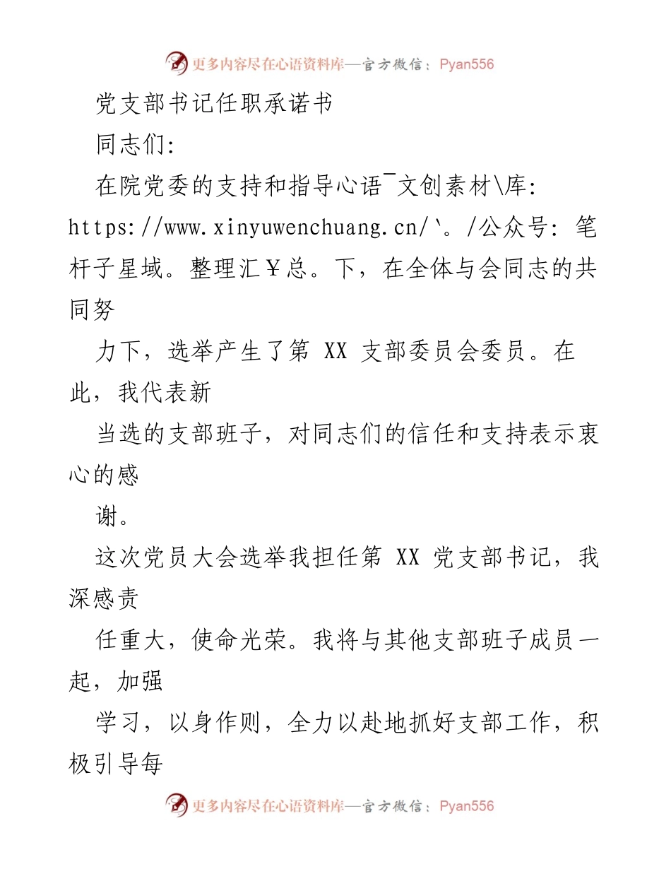 [发言] 党员大会 - 新任党支部书记任职承诺与工作计划.docx_第1页