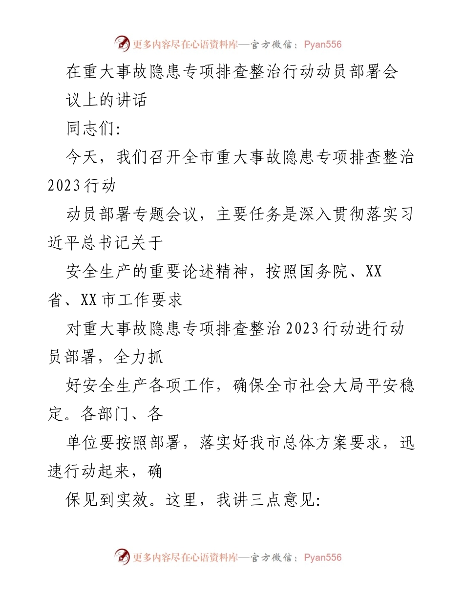 [发言] 会议 - 全市重大事故隐患专项排查整治行动动员部署讲话.docx_第1页