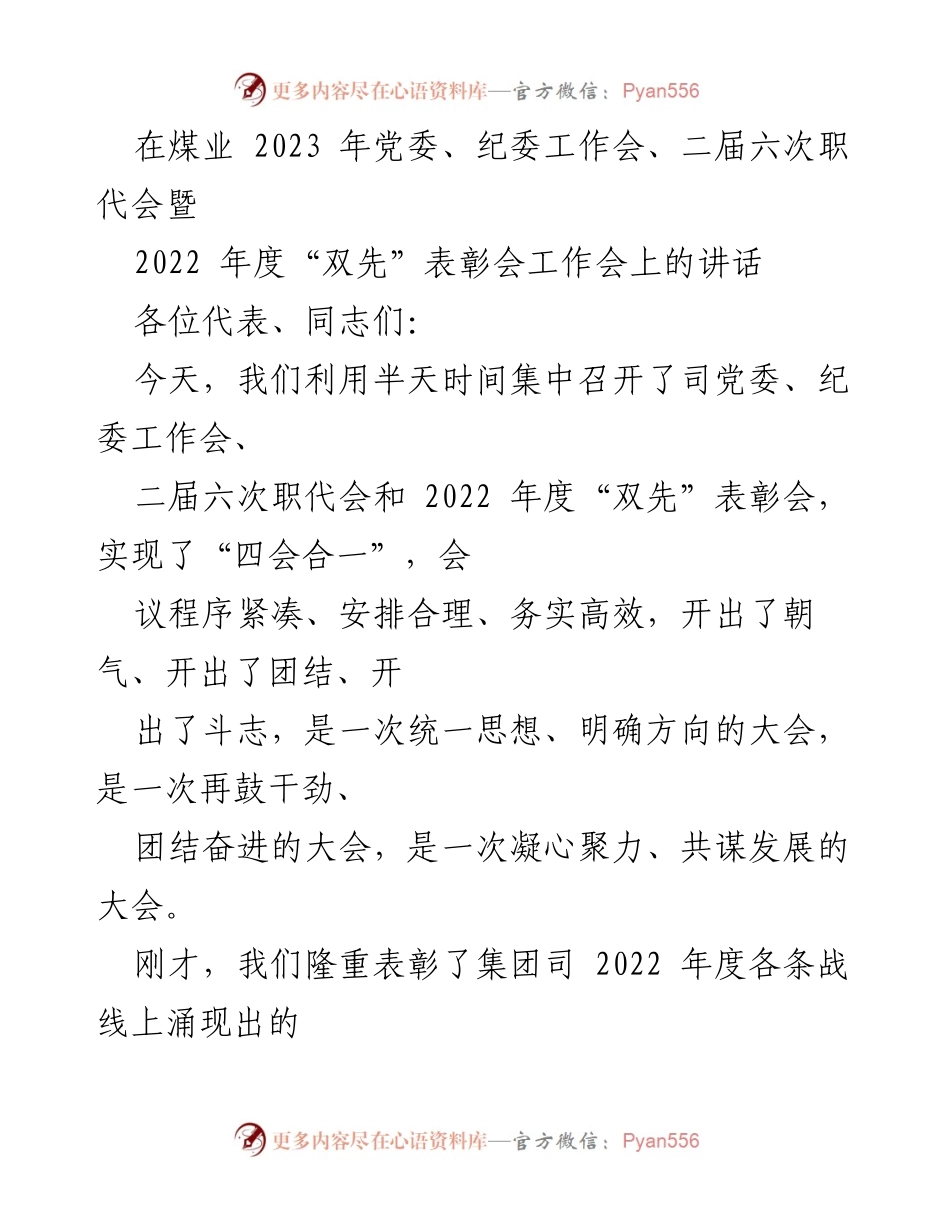 [发言] 会议 - 煤业2023年党委、纪委工作会暨“双先”表彰会讲话.docx_第1页