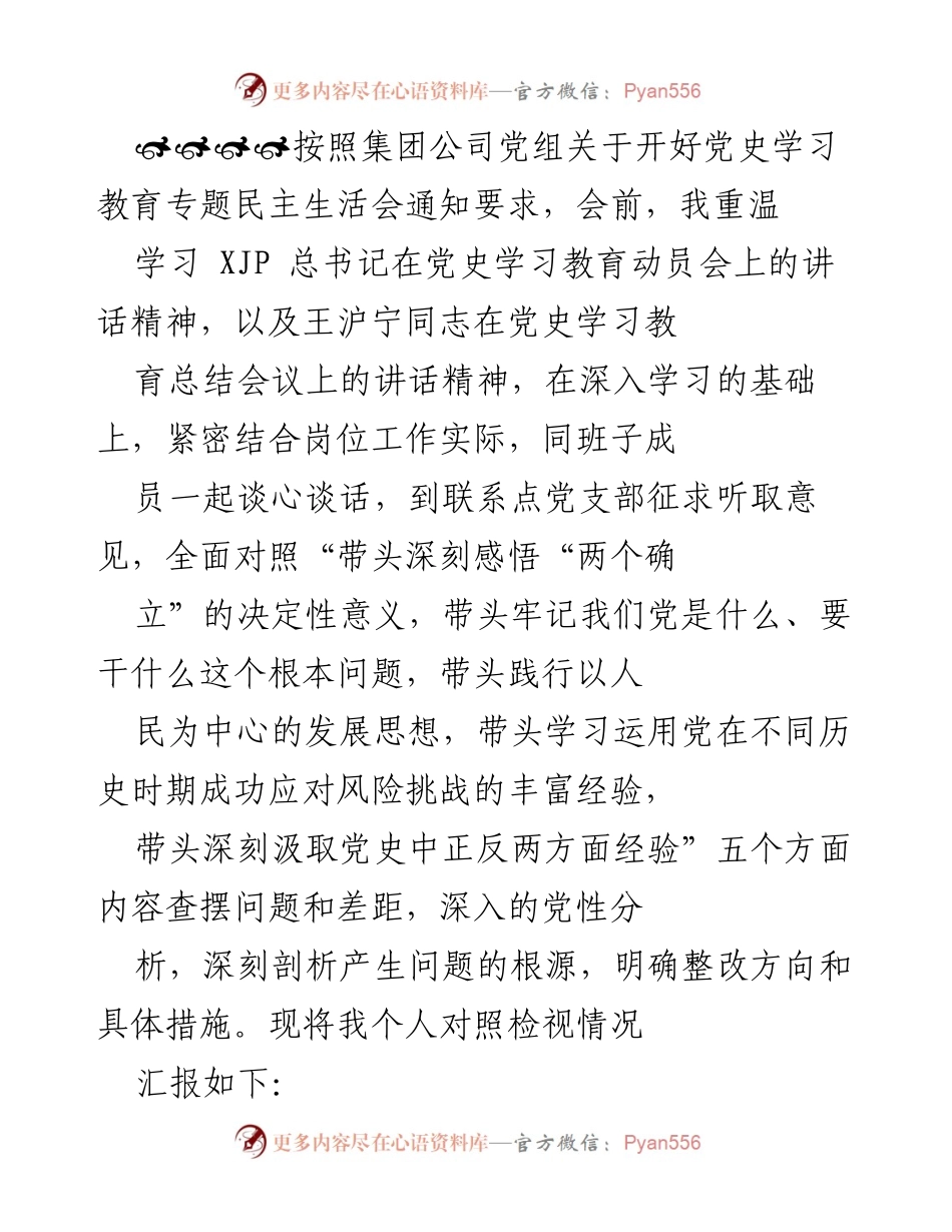[发言] 党史学习教育专题民主生活会 - 个人对照检视情况汇报_1.docx_第1页