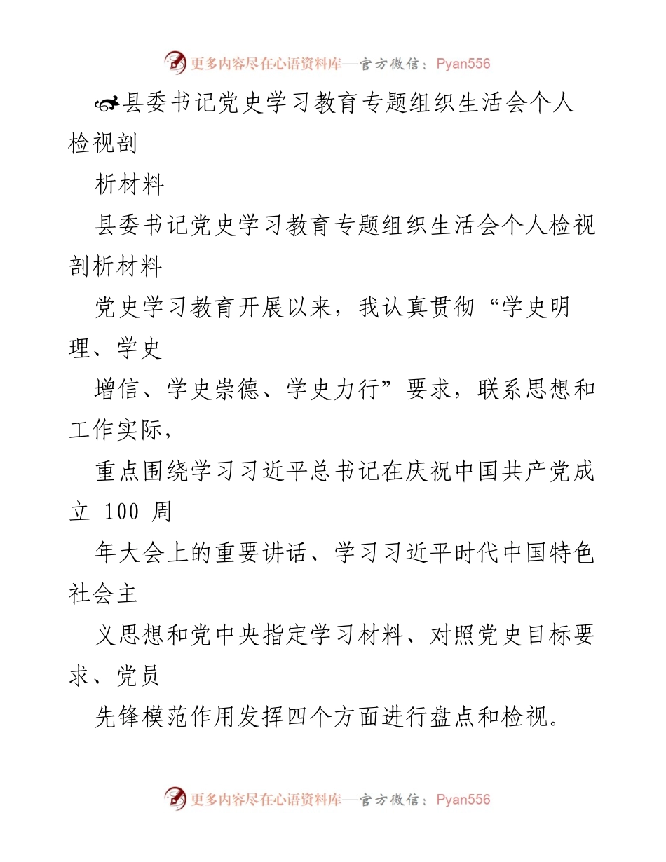 [发言] 党史学习教育专题组织生活会 - 县委书记个人检视剖析材料总结.docx_第1页