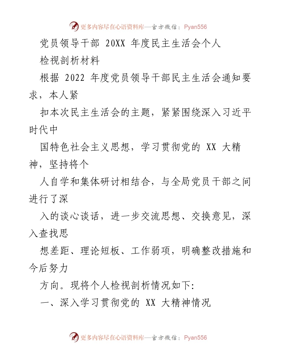 [发言] 党员领导干部年度民主生活会 - 2022年度民主生活会个人检视剖析材料.docx_第1页
