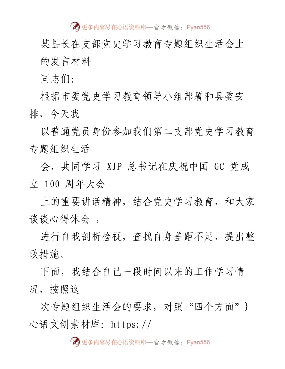 [发言] 党史学习教育专题组织生活会 - 深入学习总书记讲话精神，提升党员自我剖析与整改意识.docx_第1页