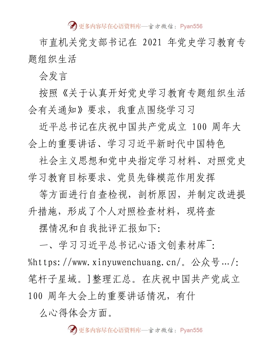 [发言] 党史学习教育专题组织生活会 - 市直机关党支部书记发言总结与自我检视.docx_第1页