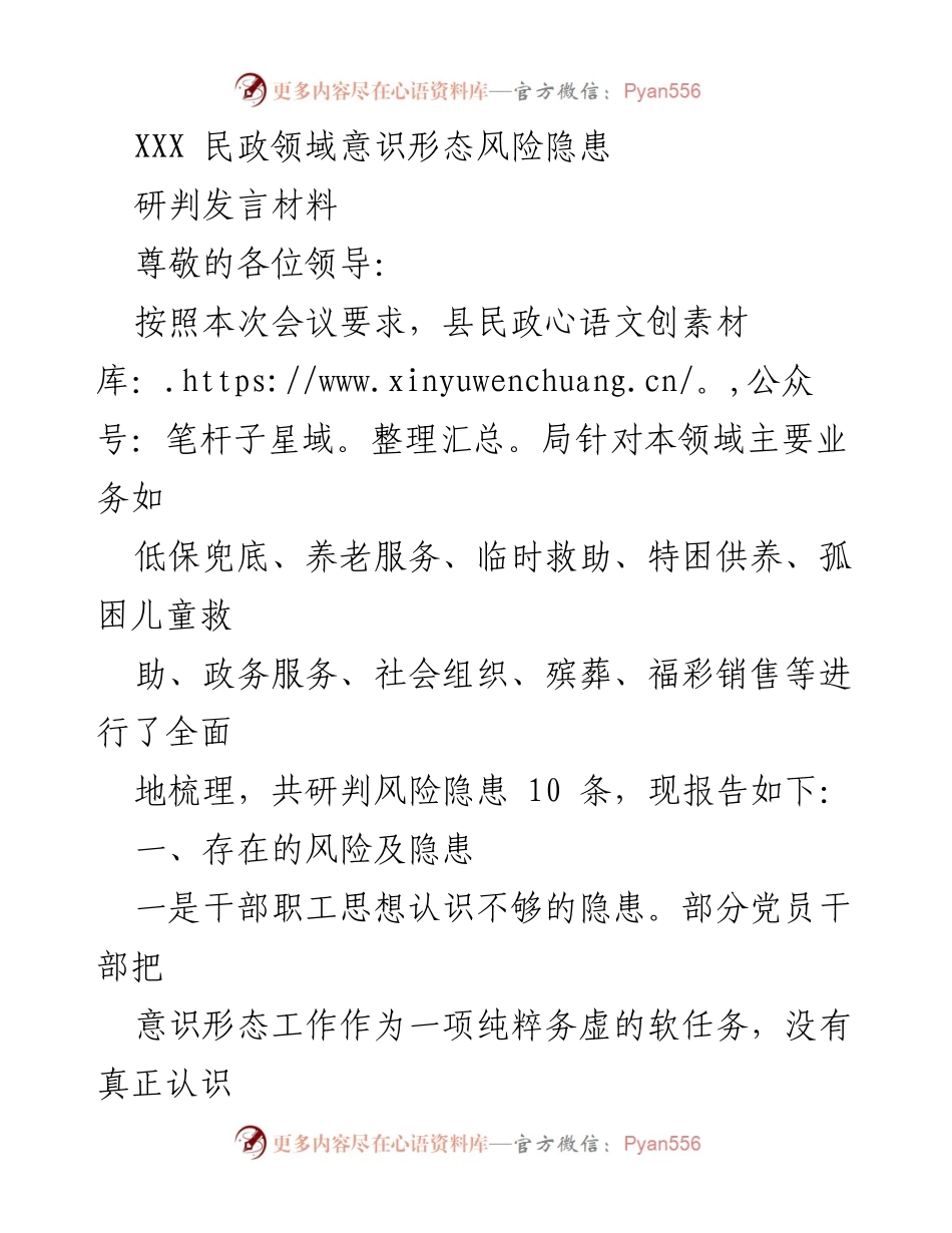 [发言] 会议 - 民政领域意识形态风险隐患研判与防范措施.docx_第1页