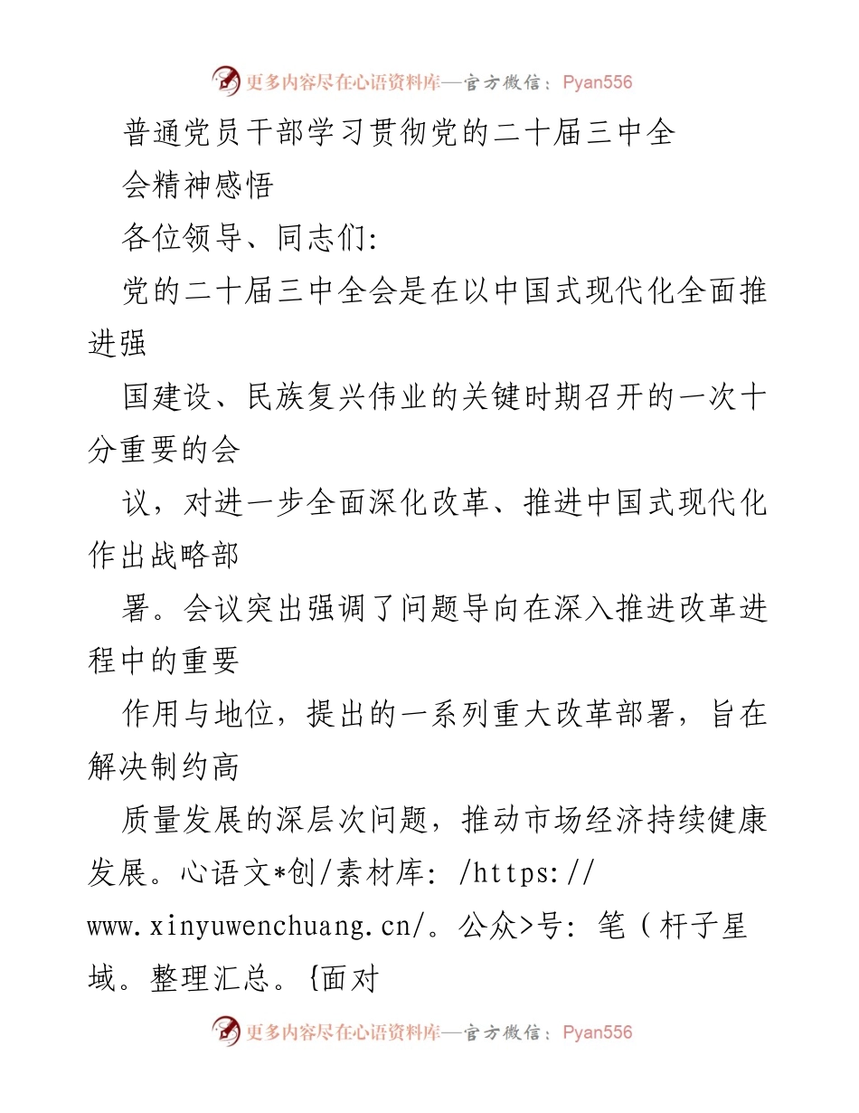 [发言] 党员干部学习会 - 深入学习贯彻党的二十届三中全会精神的思考与实践.docx_第1页