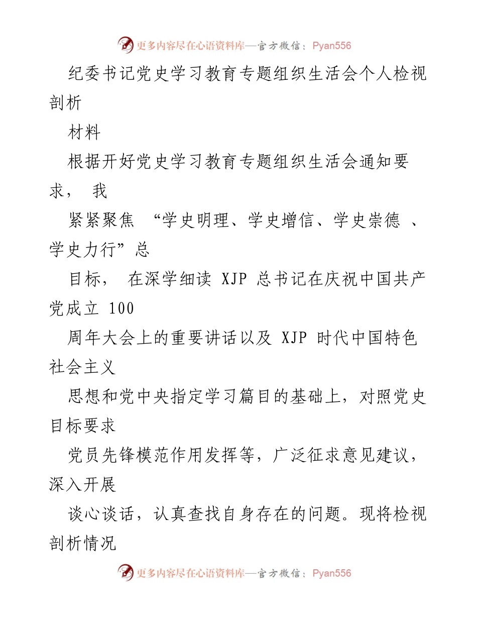 [发言] 党史学习教育专题组织生活会 - 纪委书记个人检视剖析报告.docx_第1页