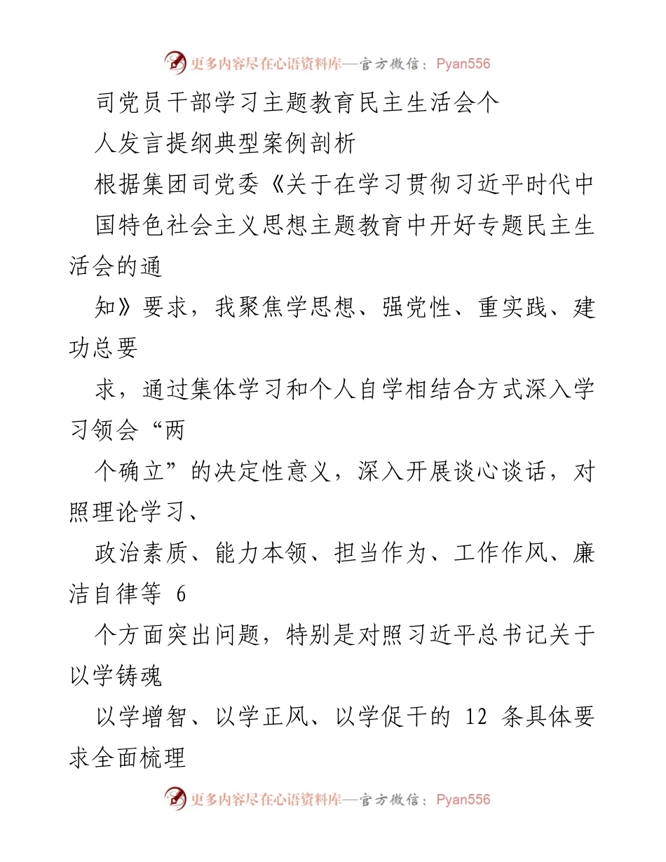 [发言] 党员干部学习主题教育民主生活会 - 深入剖析典型案例，查摆问题与整改措施.docx_第1页