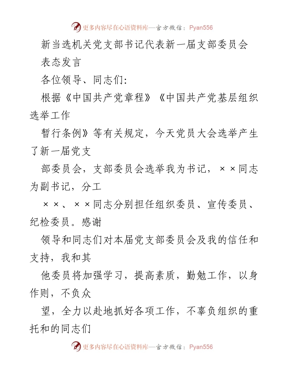 [发言] 党员大会 - 新当选党支部书记的表态发言_2.docx_第1页