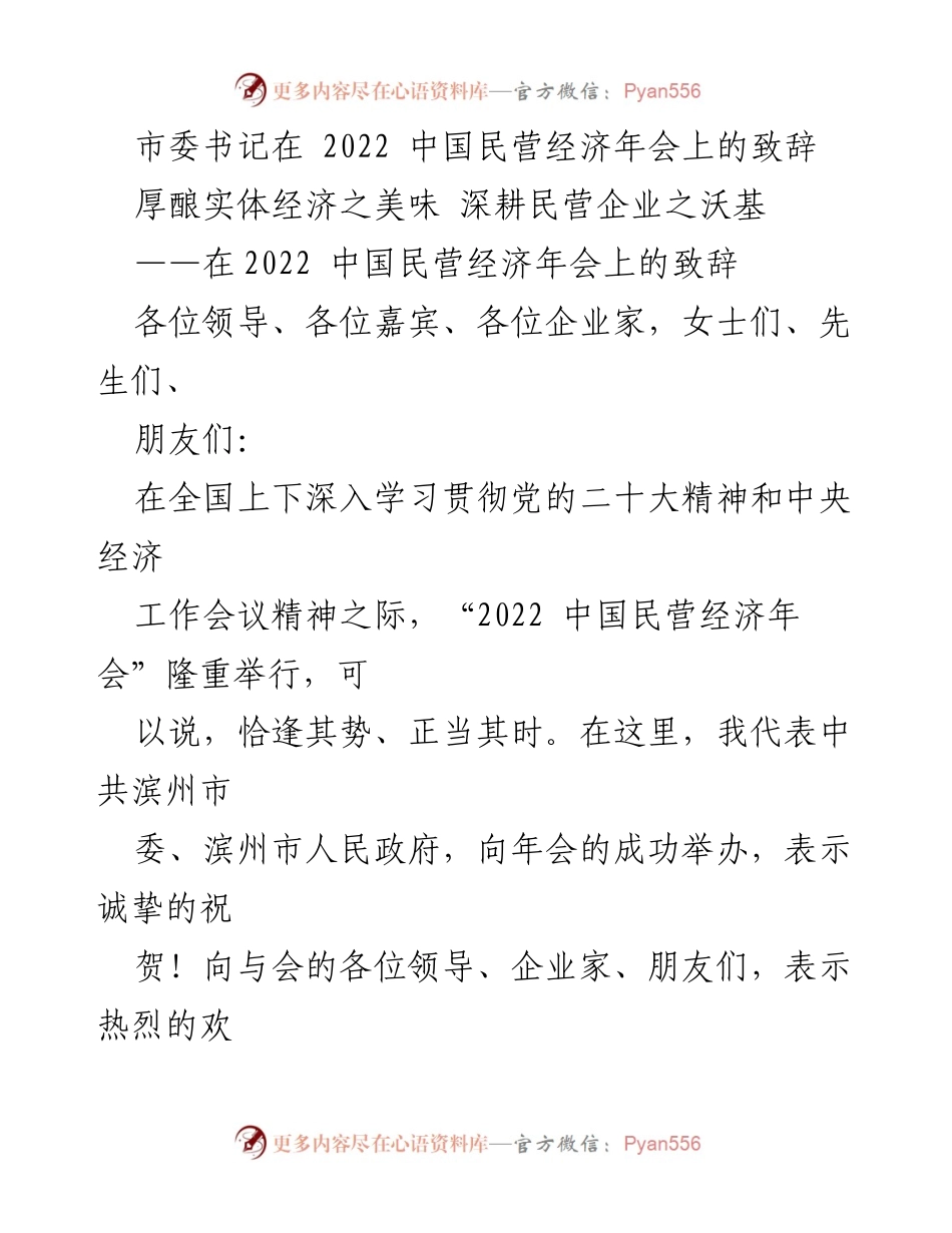 [发言] 会议 - 市委书记在2022中国民营经济年会上的致辞.docx_第1页