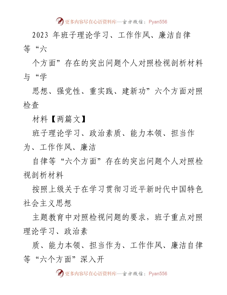 [发言] 党内学习会议 - 2023年班子理论学习与自我检视问题分析报告.docx_第1页