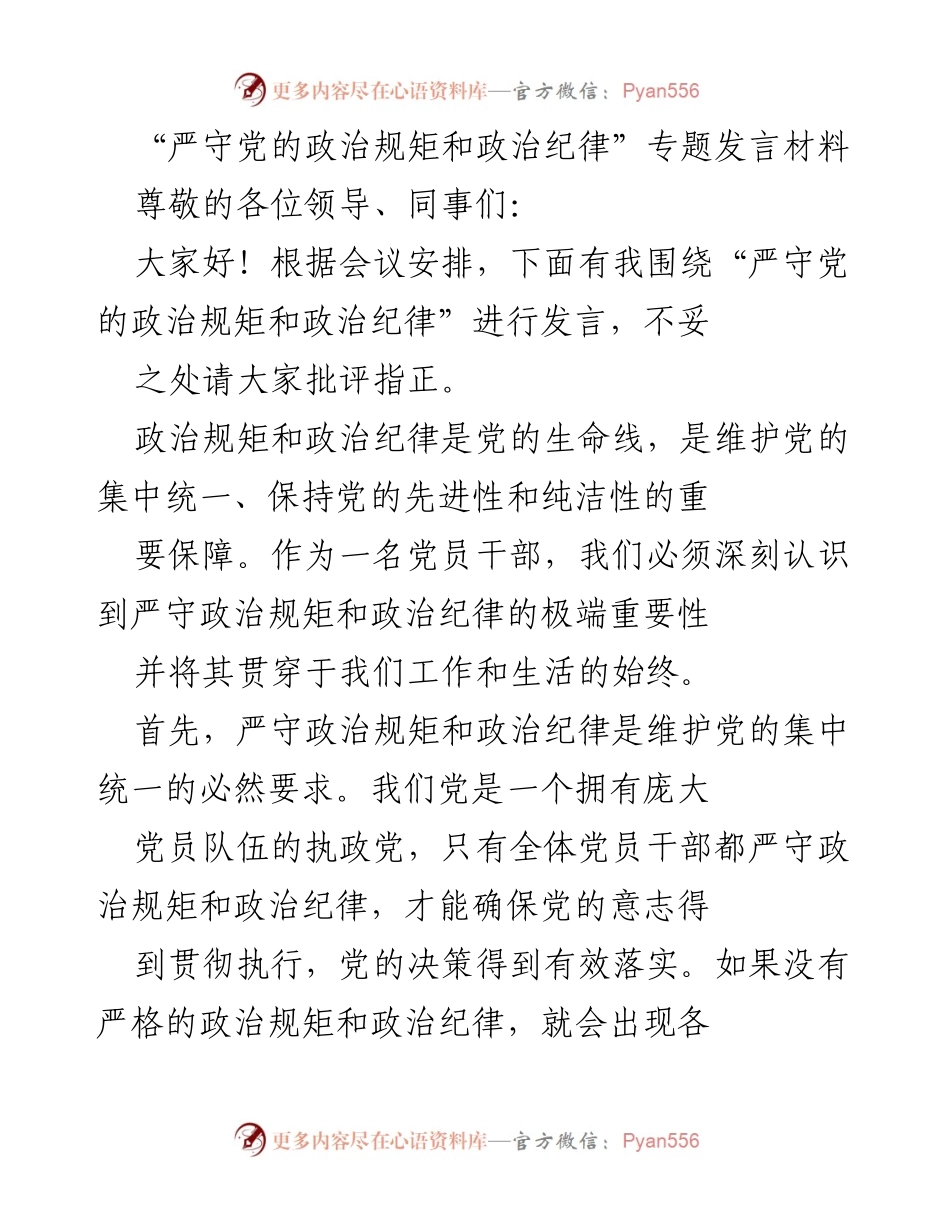 [发言] 党内会议 - 严守政治规矩与纪律的重要性.docx_第1页