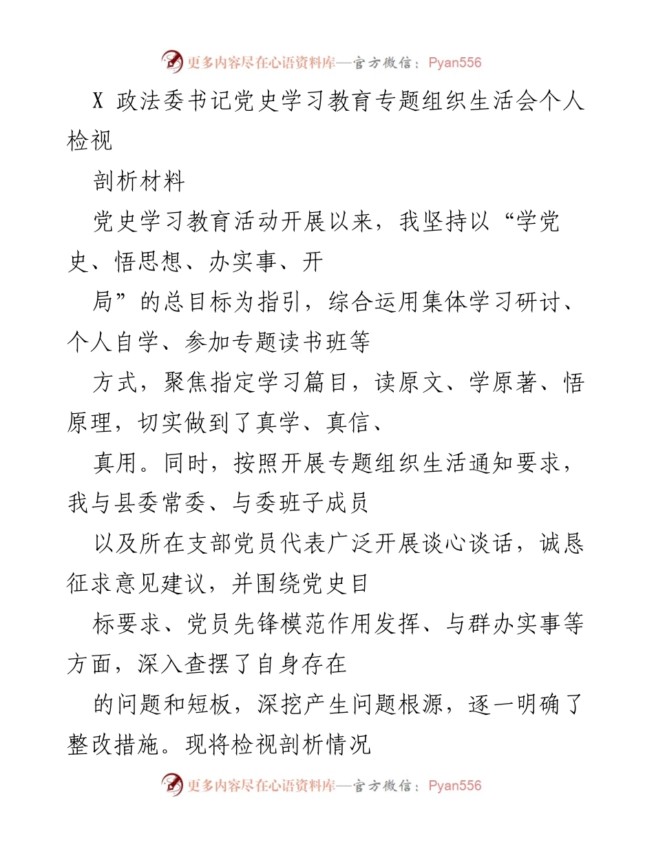 [发言] 党史学习教育专题组织生活会 - 政法委书记个人检视与整改措施汇报.docx_第1页