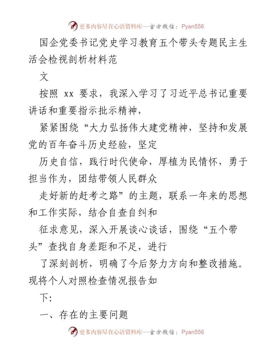 [发言] 党史学习教育专题民主生活会 - 国企党委书记个人检视剖析材料.docx_第1页