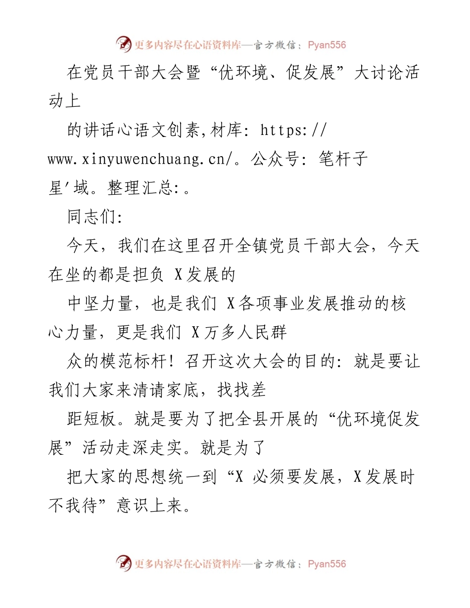[发言] 党员干部大会 - 优化环境，推动发展：党员干部的责任与担当.docx_第1页
