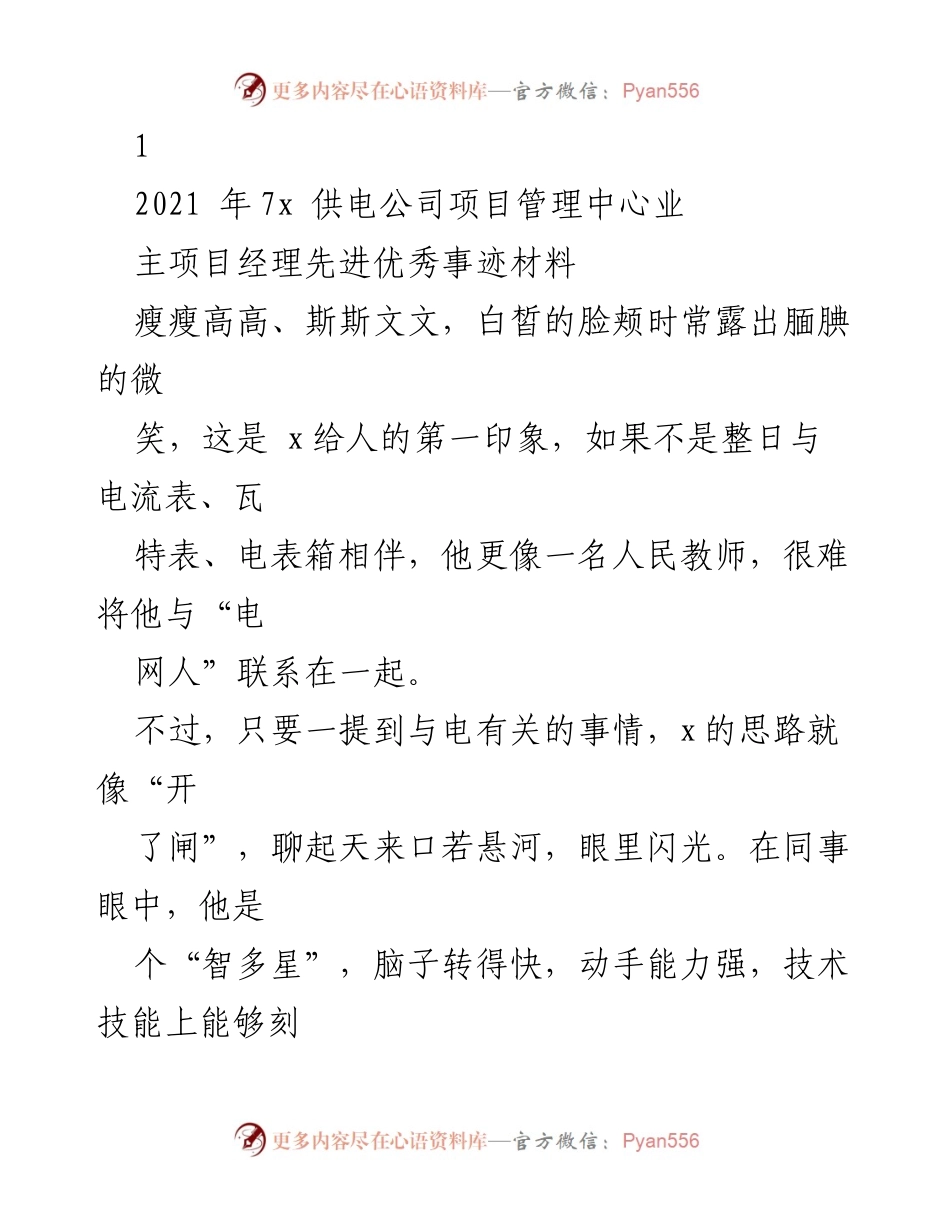 [发言] 先进事迹分享会 - 电网人的创新与奉献：一位优秀项目经理的成长故事.docx_第1页