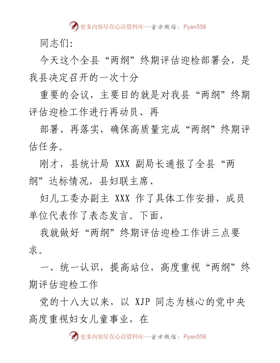 [发言] 会议 - 高质量完成“两纲”终期评估迎检工作的动员与部署.docx_第1页