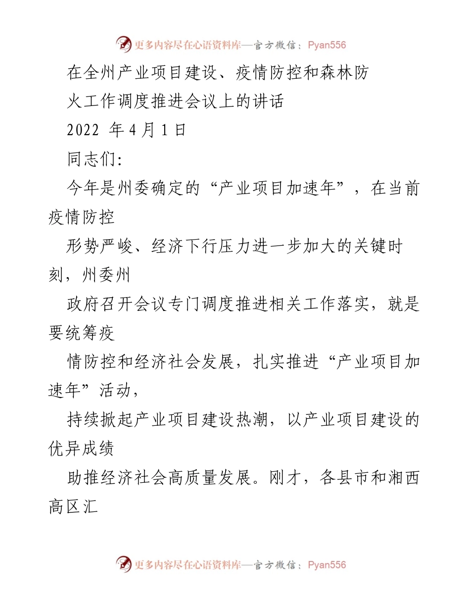 [发言] 会议 - 加速产业项目建设，统筹疫情防控与经济发展.docx_第1页