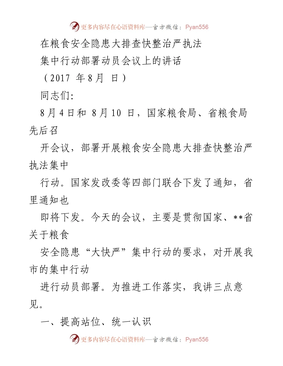 [发言] 会议 - 粮食安全隐患大排查与整治动员讲话.docx_第1页