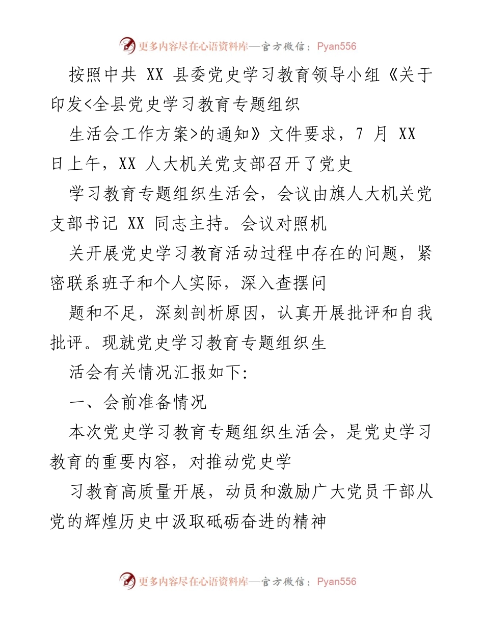 [发言] 党史学习教育专题组织生活会 - XX 人大机关党支部党史学习教育专题组织生活会情况汇报.docx_第1页