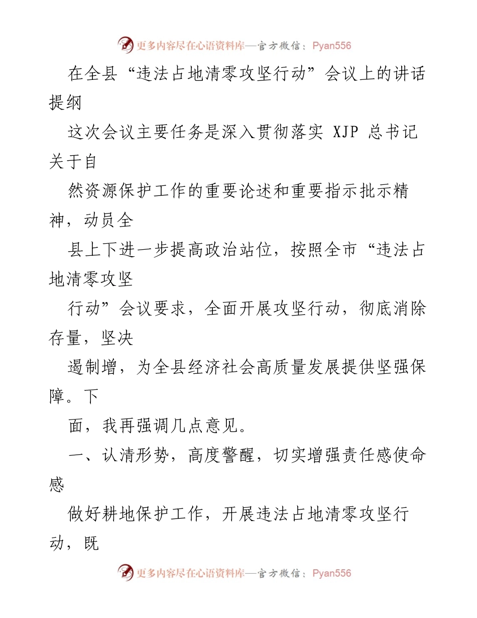 [发言] 会议 - 深入贯彻落实自然资源保护工作，坚决开展违法占地清零攻坚行动.docx_第1页