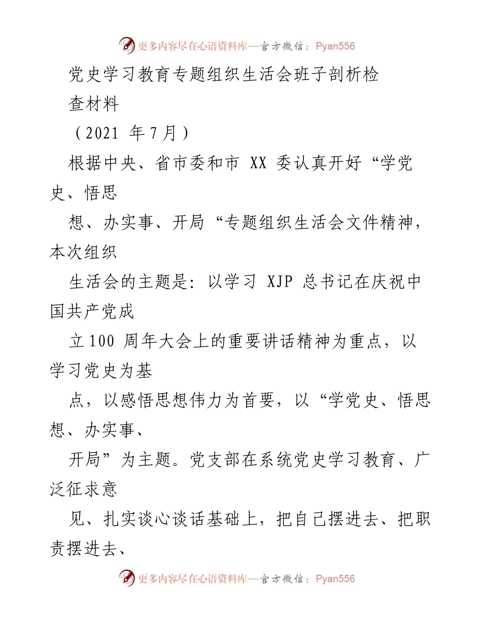 [发言] 党史学习教育专题组织生活会 - 党史学习教育专题组织生活会班子剖析与问题检视报告.docx_第1页