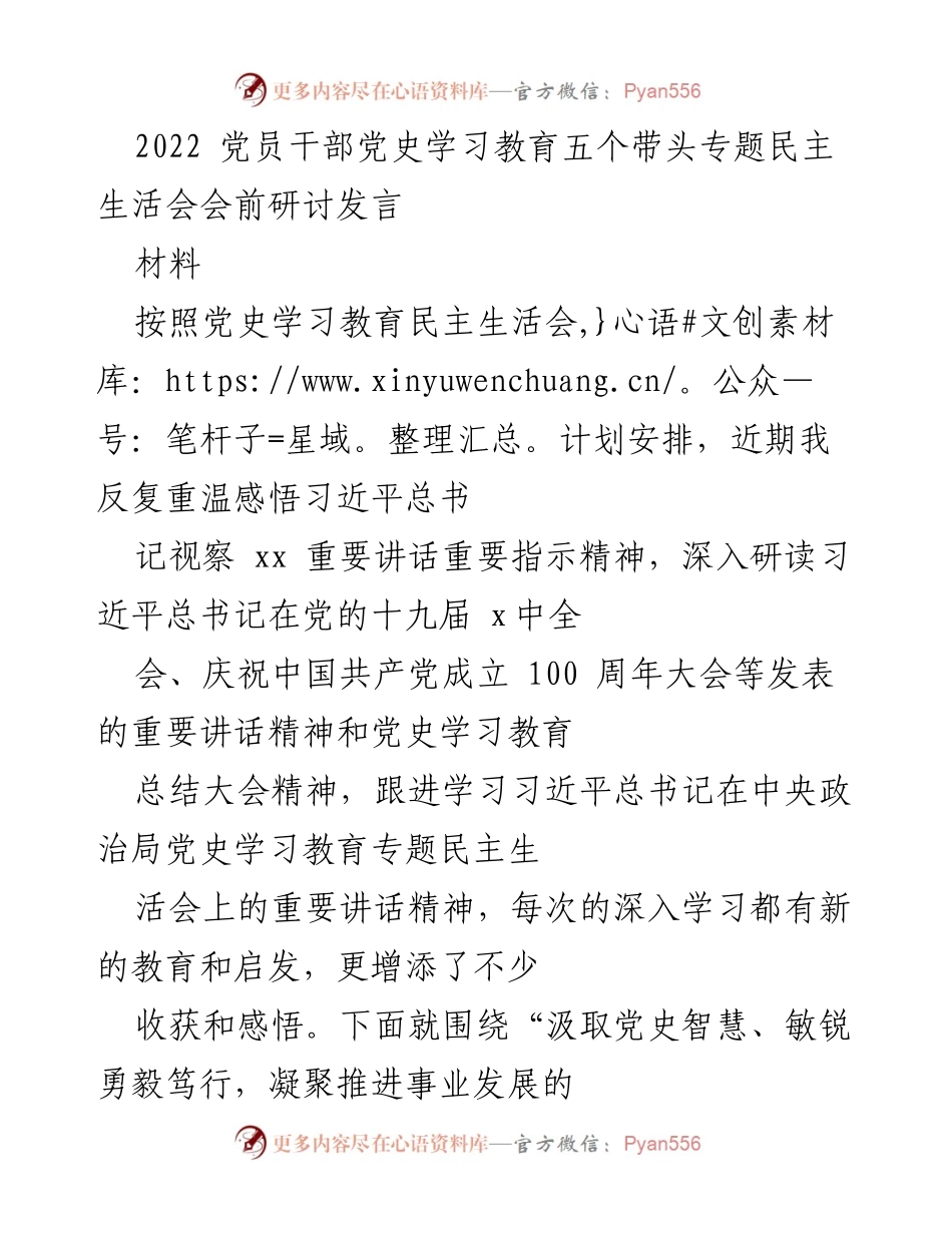 [发言] 党员干部党史学习教育民主生活会 - 汲取党史智慧，勇毅笃行推进事业发展.docx_第1页
