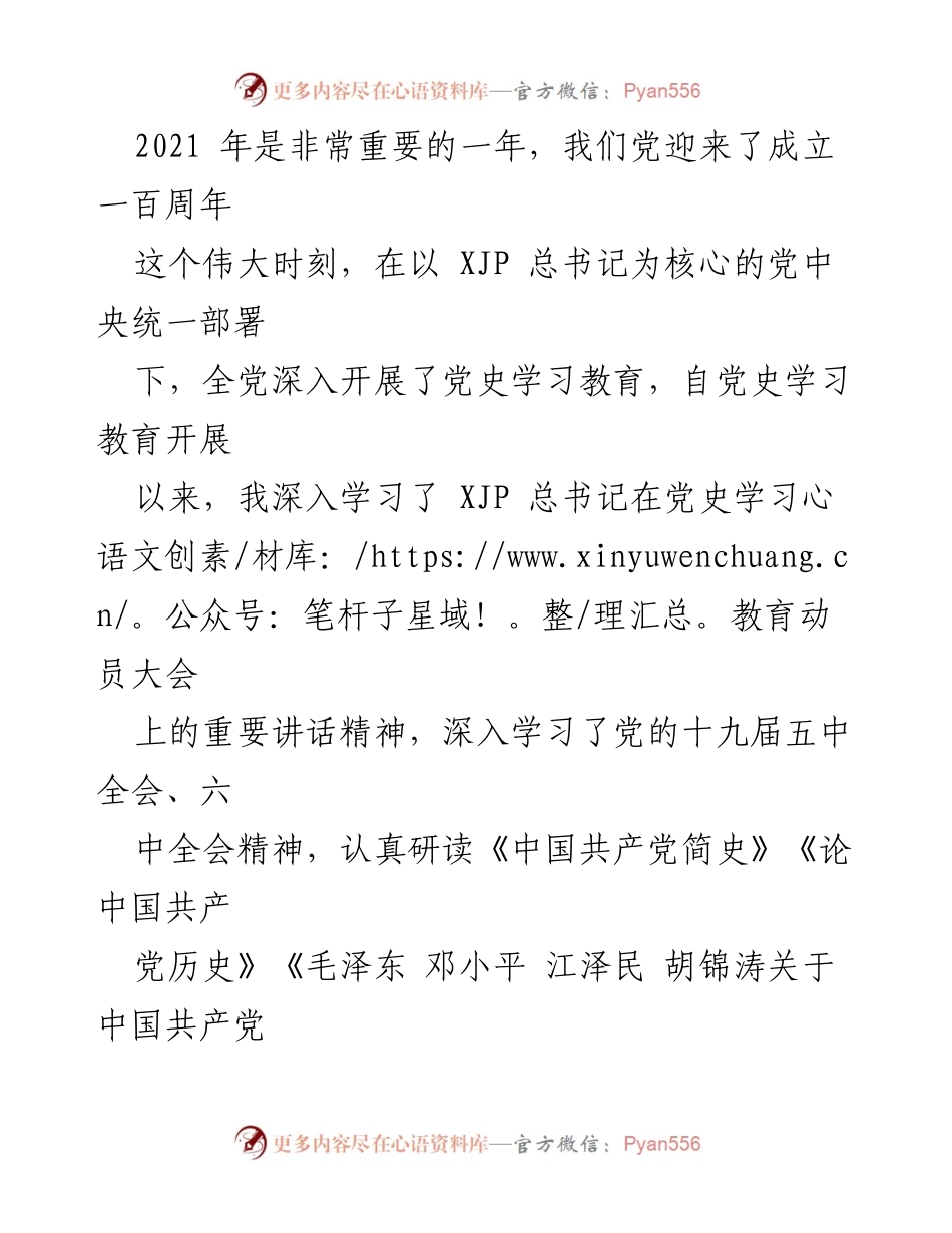 [发言] 党史学习教育总结会议 - 深入学习百年党史，坚定信仰与信念.docx_第1页