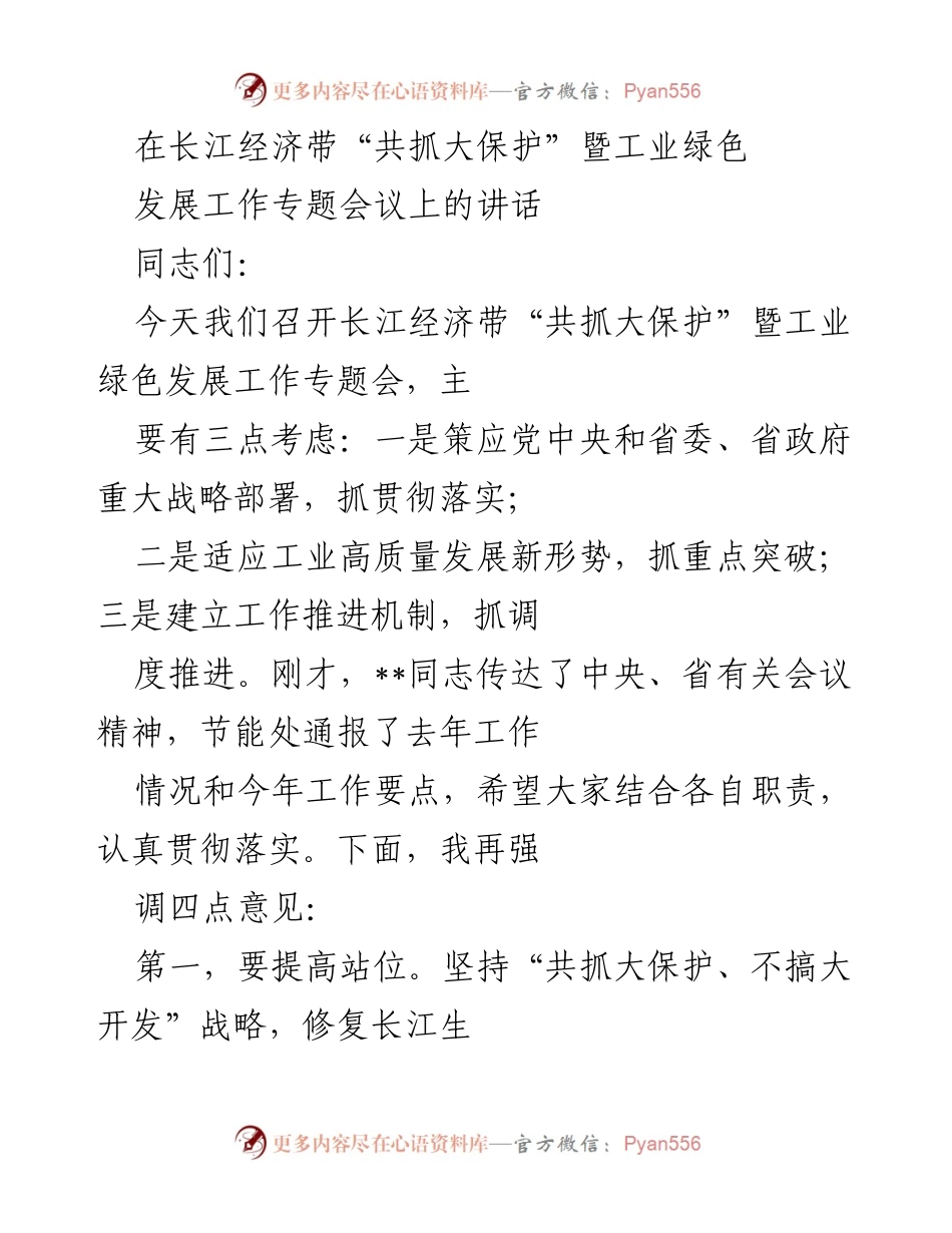 [发言] 会议 - 长江经济带“共抓大保护”与工业绿色发展工作重要讲话.docx_第1页