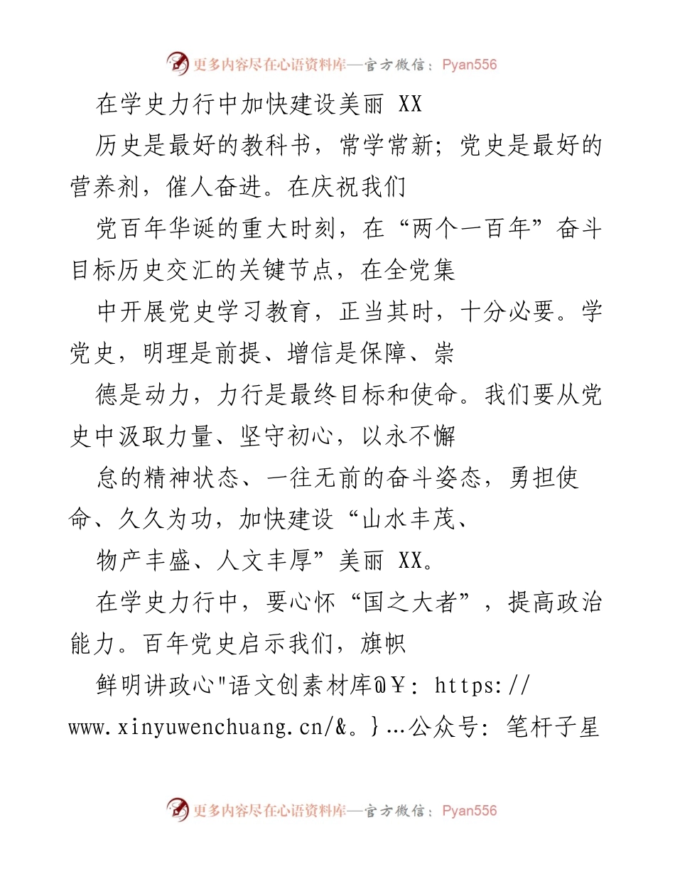 [发言] 党史学习教育大会 - 在学史力行中加快建设美丽 XX.docx_第1页