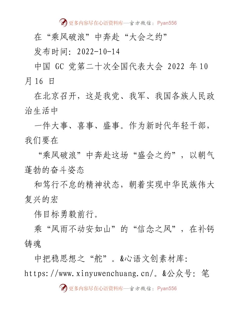 [发言] 党代会 - 年轻干部的使命与担当：在大会之约中奋勇前行.docx_第1页