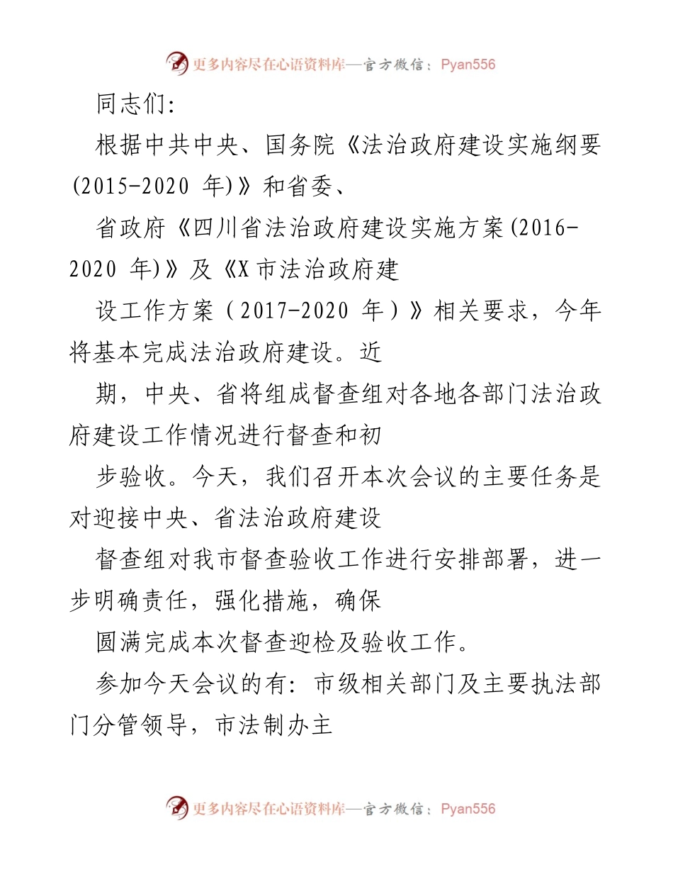 [发言] 会议 - 迎接法治政府建设督查工作的安排与部署.docx_第1页
