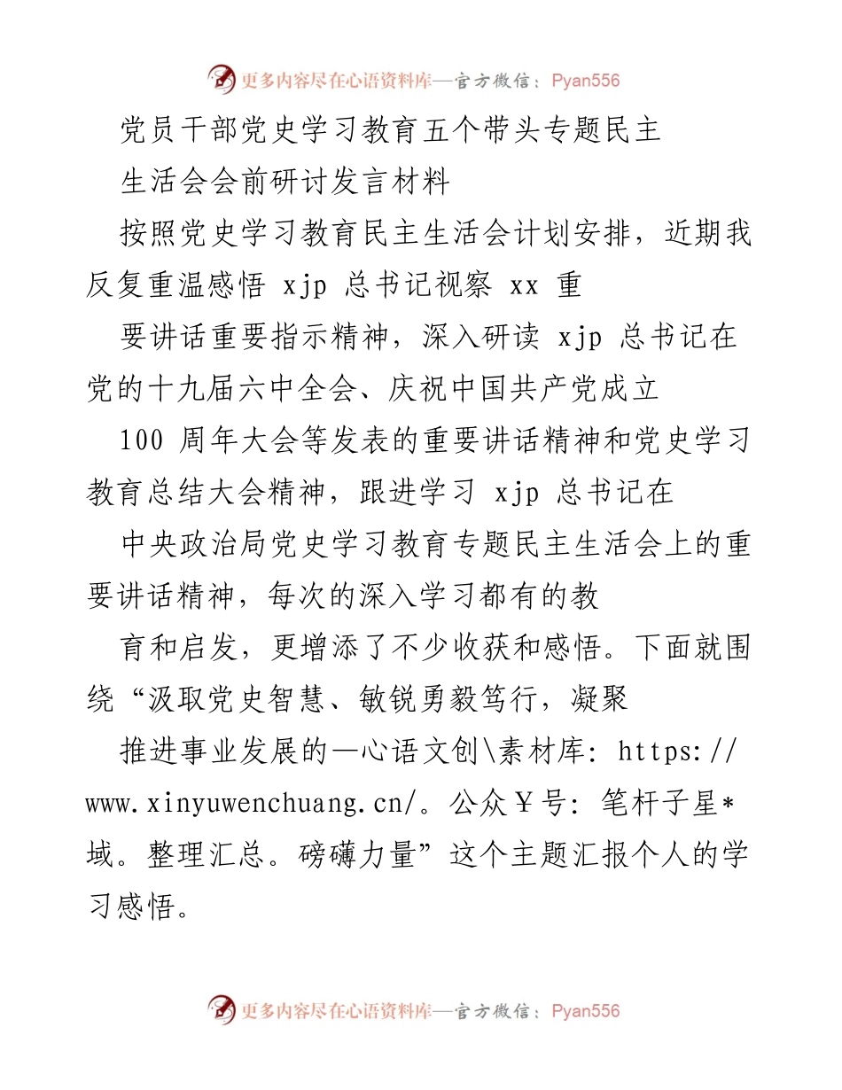 [发言] 党员干部党史学习教育民主生活会 - 汲取党史智慧，勇毅笃行推动事业发展.docx_第1页