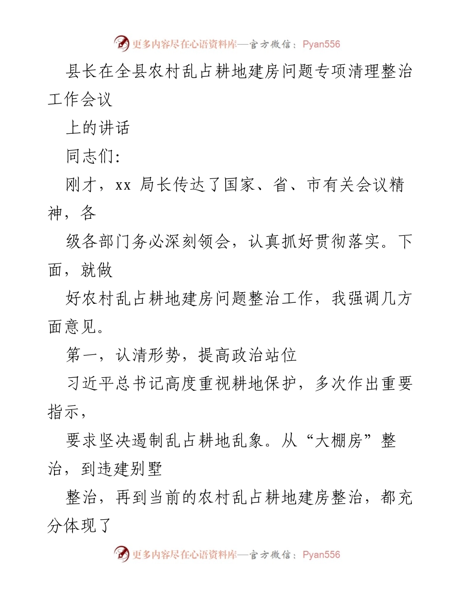 [发言] 会议 - 农村乱占耕地建房整治工作的重要性与实施方案.docx_第1页