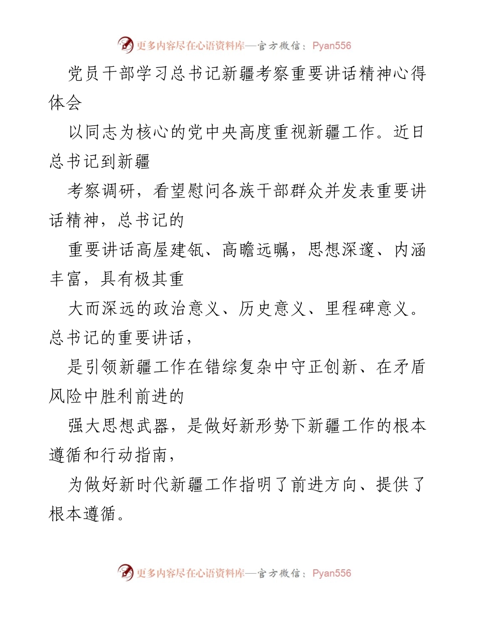 [发言] 党员干部学习会 - 深刻领会总书记新疆考察讲话精神的心得体会.docx_第1页