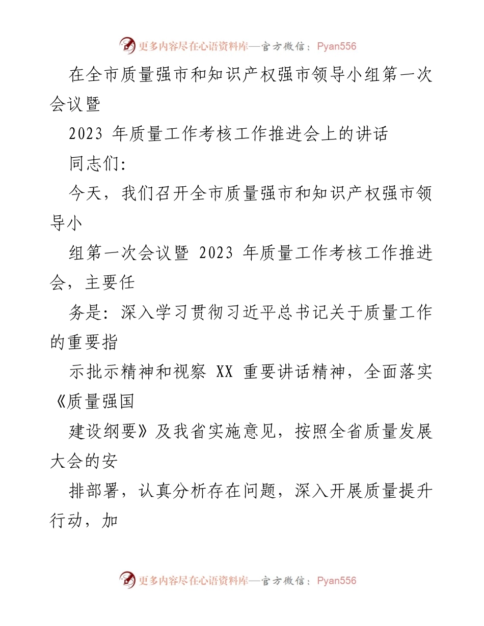 [发言] 会议 - 质量强市与知识产权建设的重要性及工作推进建议.docx_第1页