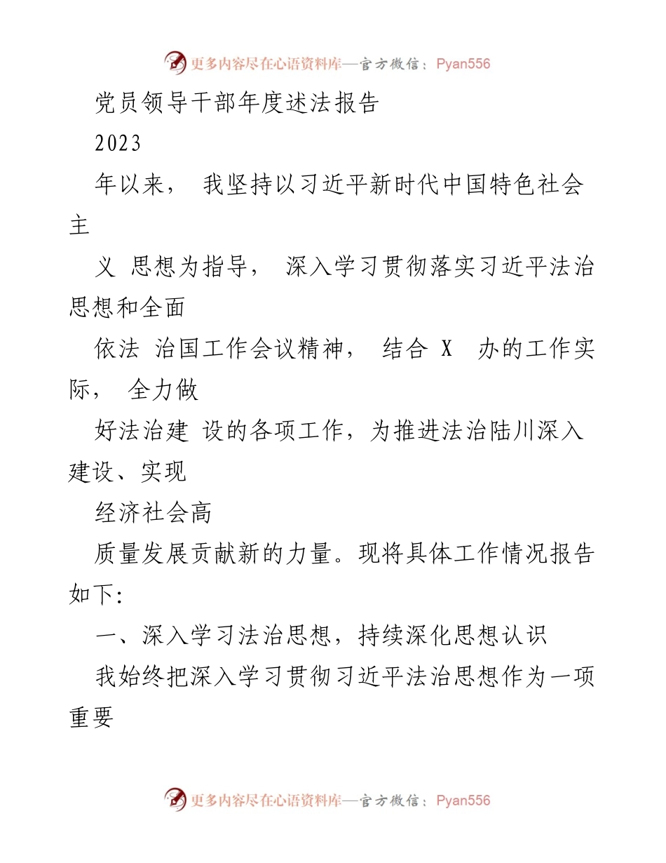 [发言] 党员领导干部年度述法报告 - 深入推进法治建设，助力高质量发展.docx_第1页