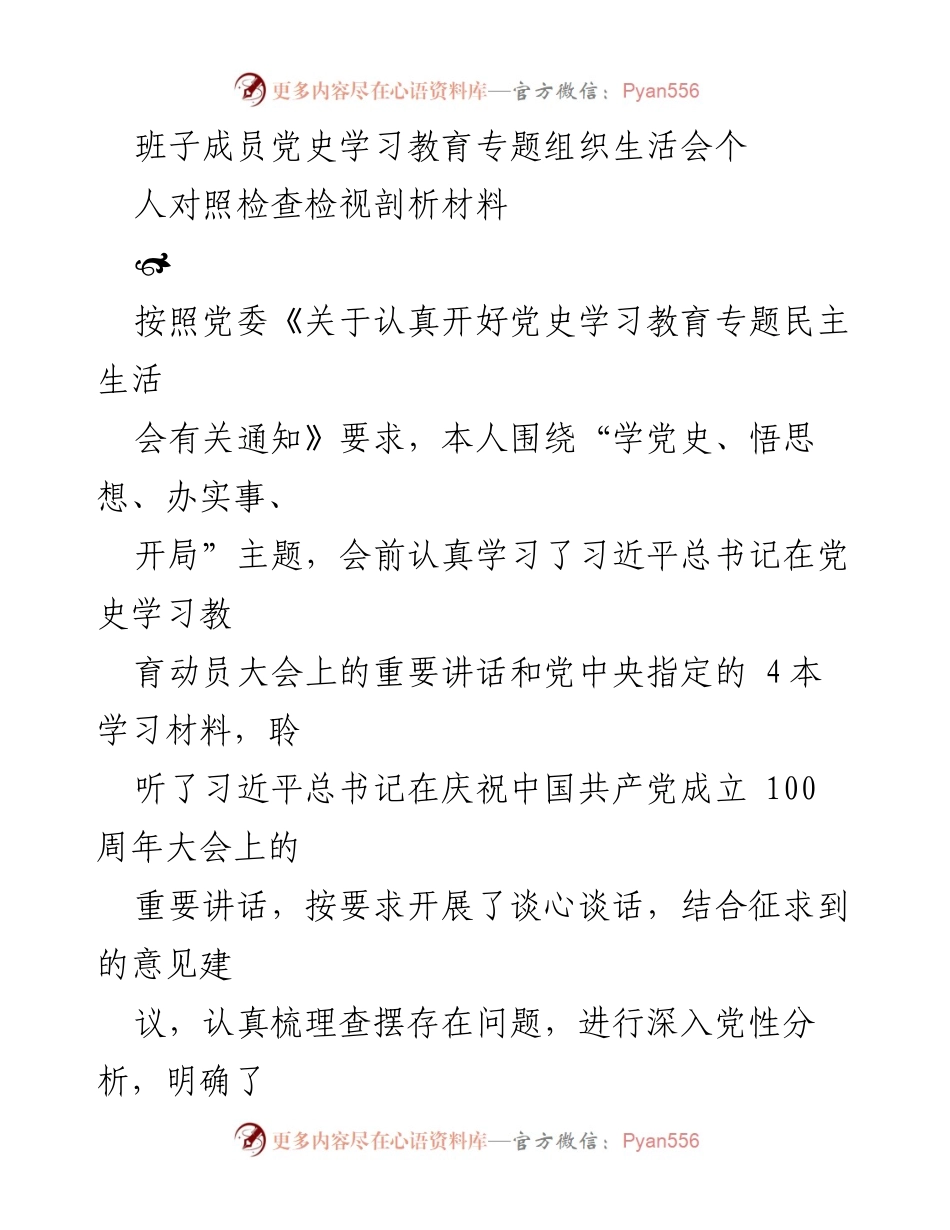 [发言] 党史学习教育专题组织生活会 - 班子成员对照检查与剖析报告.docx_第1页