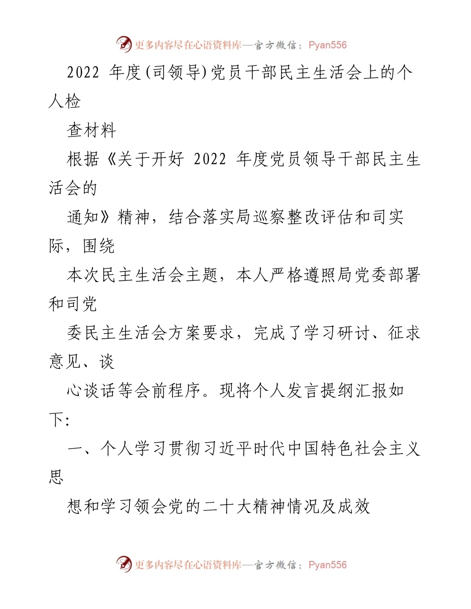 [发言] 党员干部民主生活会 - 2022年度党员干部个人检视与学习汇报.docx_第1页