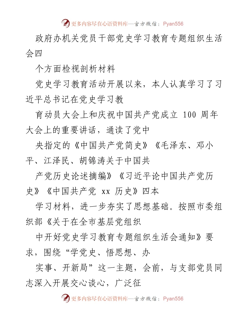 [发言] 党史学习教育专题组织生活会 - 党员干部检视剖析材料总结.docx_第1页